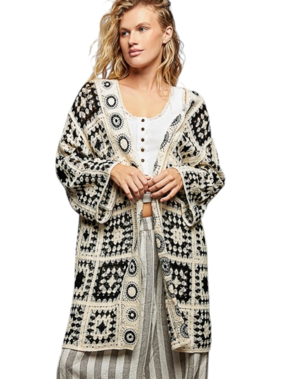 POL Black and Cream Crochet Sweater